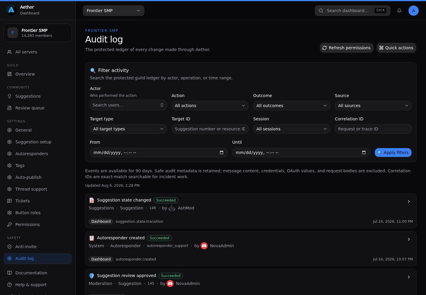 The Aethor audit log filters and first activity rows