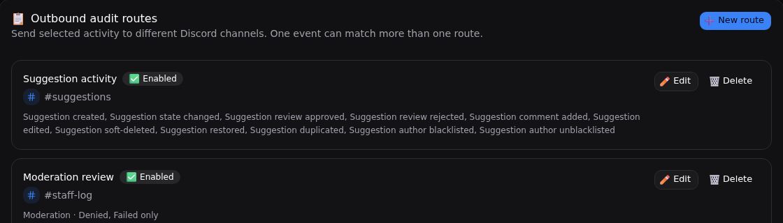 The outbound audit route list