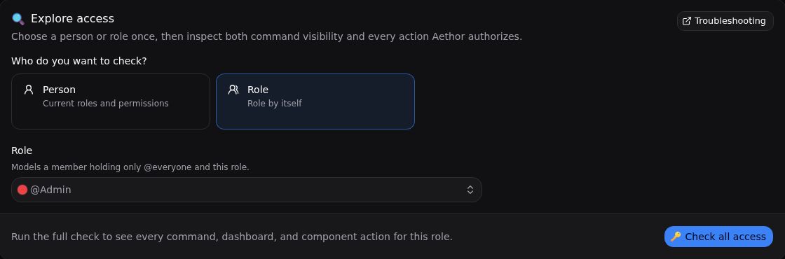 The access explorer in the Aethor dashboard, ready to check every action for a Discord role