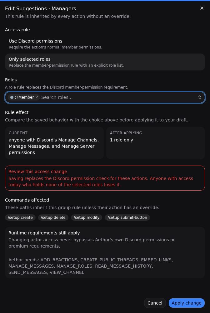 The permission rule editor comparing the current audience with a selected-role rule