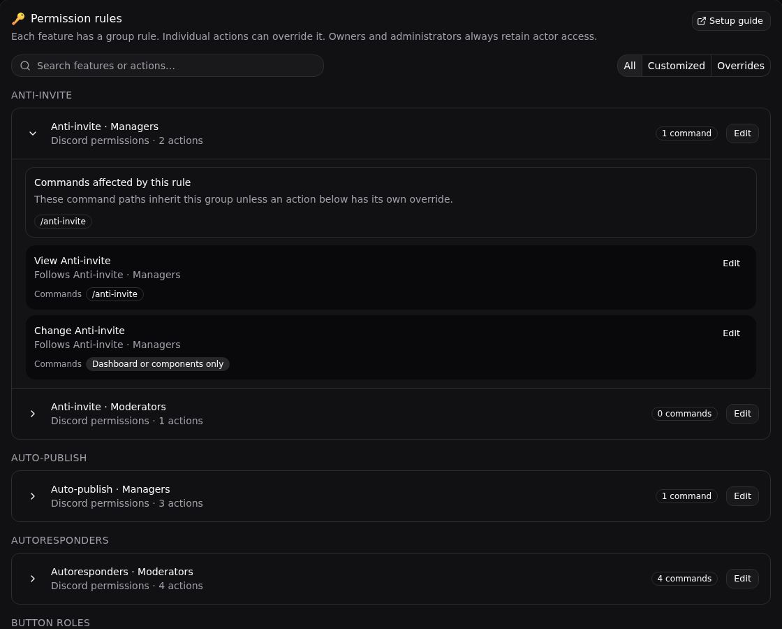 The permission rules card in the Aethor dashboard, showing feature groups and their current access rules