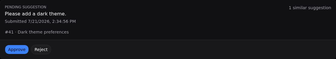One pending suggestion in the dashboard review queue with its Approve and Reject actions