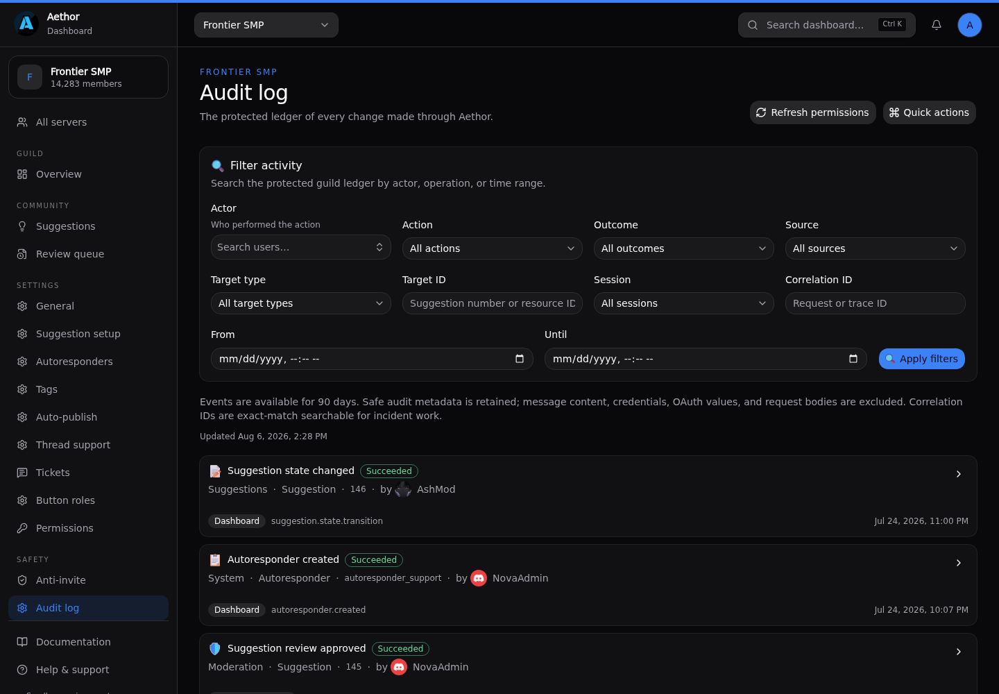 The Aethor dashboard audit log, showing filtered activity and event details.